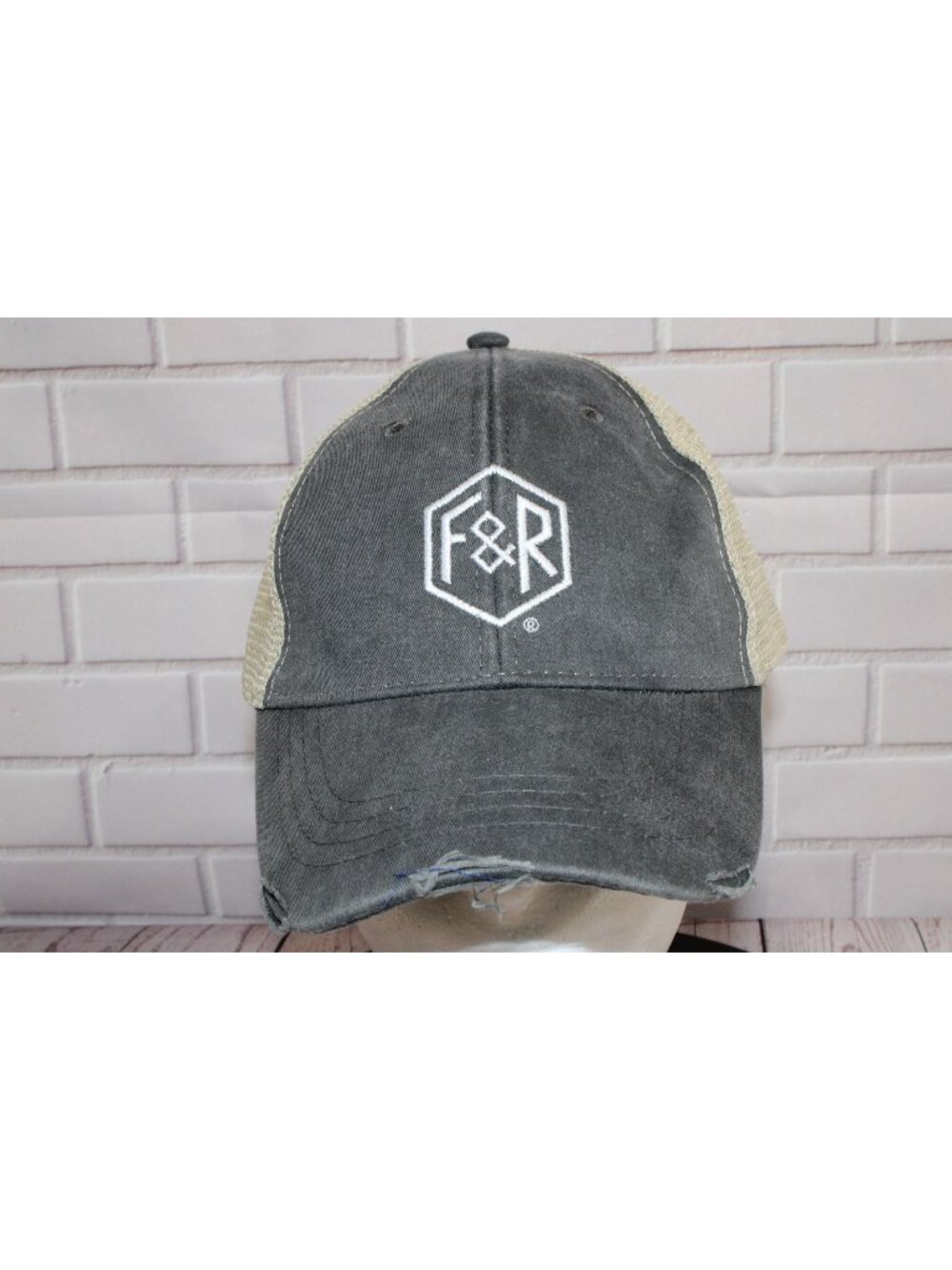 Vintage Adams F&R Trucker Hat Distressed Gray & Beige Mesh Cap Adjustable Snapba